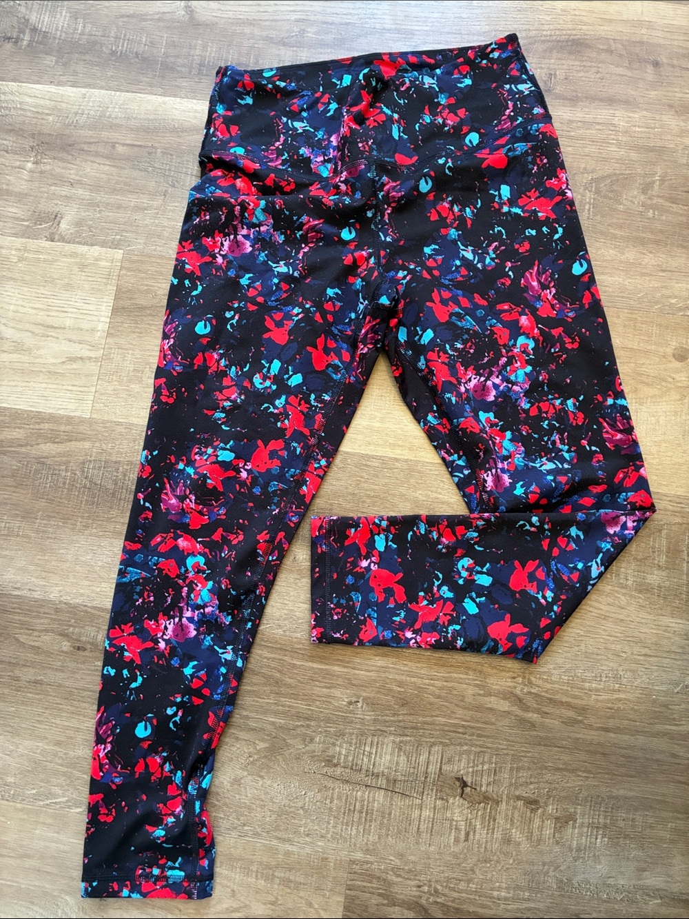 Zella Women’s Black Leggings with Red, Blue & Purple Splatter
